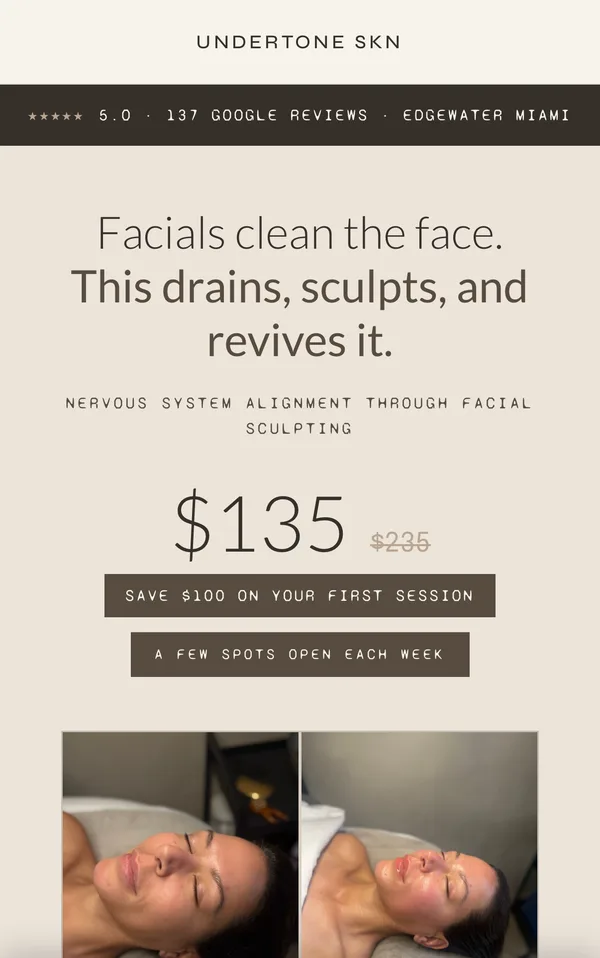 Página de Undertone SKN: oferta de esculpido facial de $135